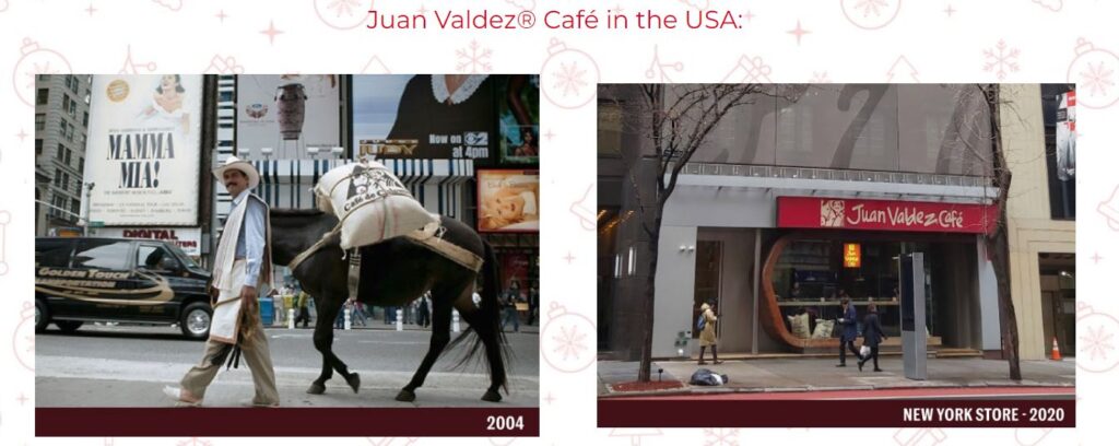 Juan Valdez cafe shops showing the man with his donkey Conchita, carrying sacks of harvested coffee beans.