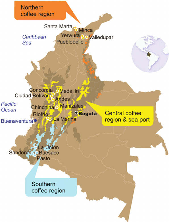 Regions producing coffee in Colombia dividied into north, south central and eastern